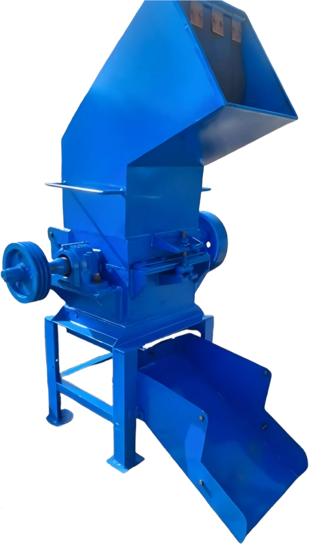 Blue painted steel crusher with feed throat and discharge chute