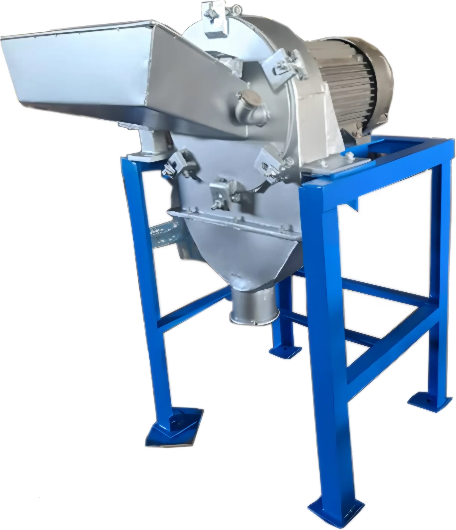 Hammer mill with stainless hammer chamber, feed tray and electric motor on a blue stand